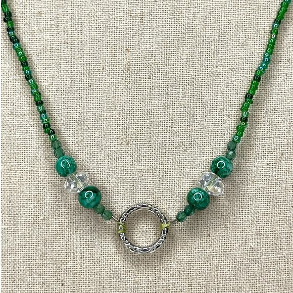 Beaded Necklace Green and Silver Tone Long Necklace Handmade - Picture 8 of 12